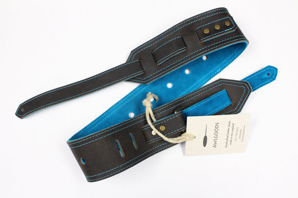 Awlgoods Hand Crafted Leather Guitar Strap Dark Brown with Turquoise Stitching
