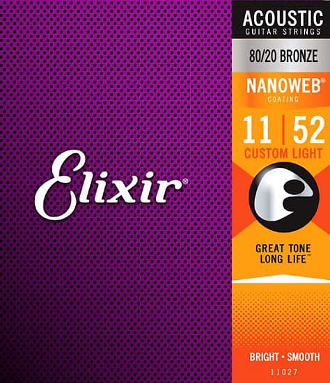 Elixir 11027 Nanoweb 80/20 Bronze Acoustic Guitar Strings - Custom Light (11-52)