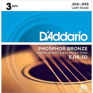 D'Addario EJ16-3D Phosphor Bronze Acoustic Guitar Strings 3-Pack, Light Gauge