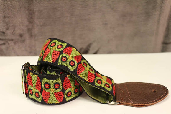 Souldier Owls Olive Guitar Strap with Brown Leather Ends *Free Shipping in the USA*