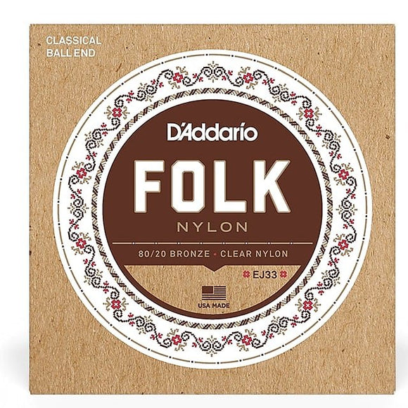 D'Addario EJ33 Folk Nylon Guitar Strings Ball End 80/20 Bronze/Clear Nylon Standard