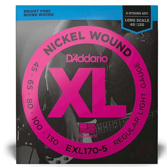 D'Addario EXL170-5 Nickel Wound Long Scale Bass Guitar Strings, Light Gauge