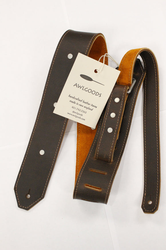 Awlgoods Hand Crafted Leather Guitar Strap Brown with Caramel Stitching