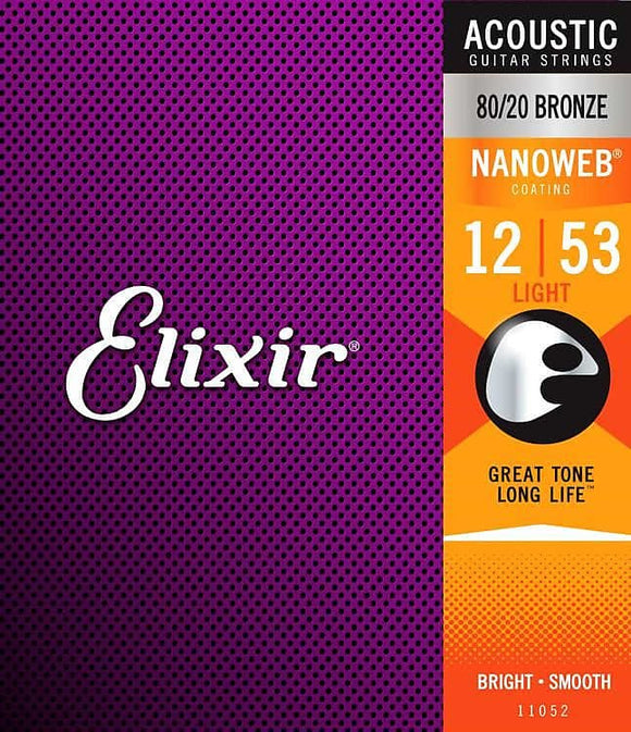 Elixir 11052 80/20 Bronze Light Acoustic Guitar Strings with Nanoweb Coating 12-53