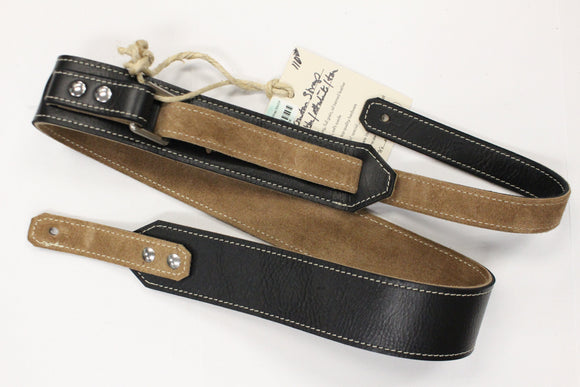 Awlgoods Handcrafted Leather Guitar Strap Black/Tan with Off-White Stitching